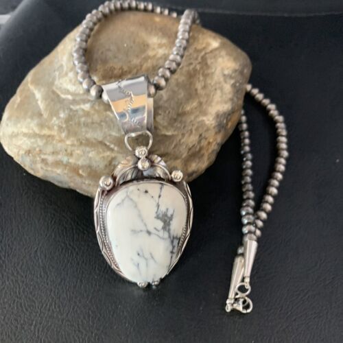 White Buffalo Turquoise Pendant Necklace | Sterling Silver | Navajo | Authentic Native American Handmade | 13992