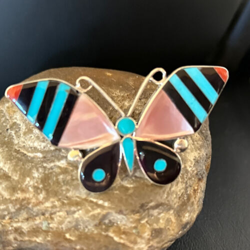 Zuni Butterfly Coral Turquoise Onyx Mother of Pearl Inlay Ring | Sz 7 | Sterling Silver | 14438