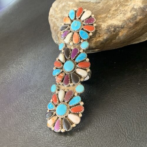 Navajo Multi-Color Turquoise Coral Spiny Onyx Ring | Authentic Native American Sterling Silver | Multi-Stone | Sz 8 | 11557