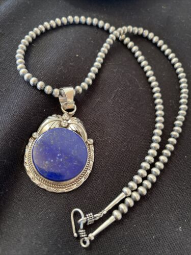 Native American Men's Necklace | Sterling Silver Navajo Pearls with Blue Lapis Pendant | 1525
