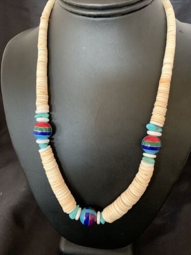Authentic Native American Santo Domingo Shell & Turquoise 3-Bead Pendant Necklace with Pearls | 20" | 12524