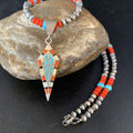 Navajo Blue Turquoise Coral Pendant Necklace | Sterling Silver Inlay | Authentic Native American Handmade | 13840