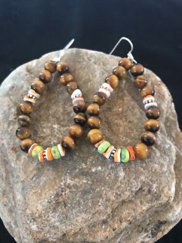 Navajo Sterling Silver Tigers Eye Spiny Oyster Turquoise Earrings | Southwestern Dangle | Handcrafted Native American