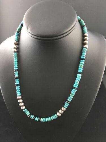 Native American Sterling Silver Necklace | Blue Turquoise & Onyx | 18" | 10027