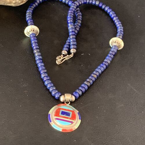 Authentic Native American Navajo Necklace | Sterling Silver with Turquoise, Lapis & Opal Pendant | 13981