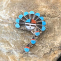 Zuni Turquoise Mother of Pearl Onyx Inlay Sun Face Necklace Pin Pendant | Sterling Silver | 1679