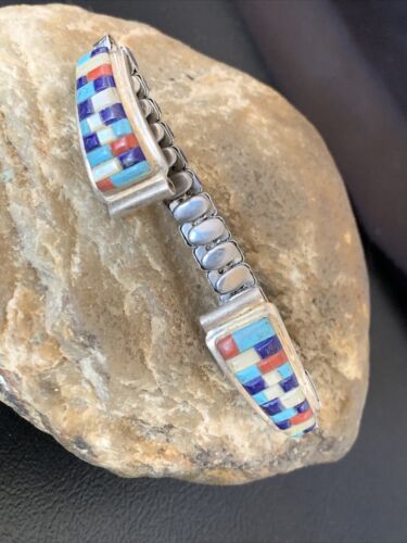 Navajo Sterling Silver Watch Tips with Turquoise, Coral & Mother of Pearl Inlay Band | Authentic Native American Jewelry | 12138