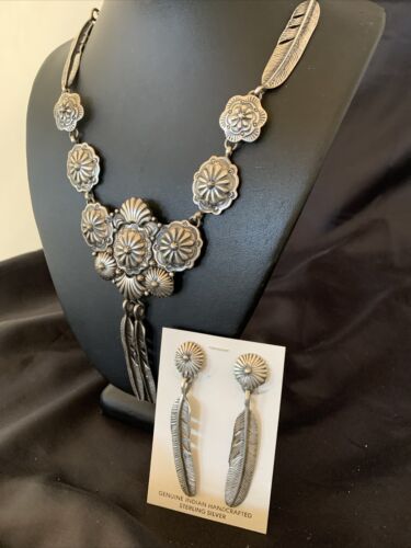 Navajo Handmade Sterling Silver Necklace & Earrings Set | Stamped | Authentic Native American Jewelry | 2114