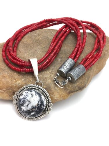 Navajo White Buffalo Turquoise Pendant with Coral | 4-Strand Silver Necklace | Authentic Native American Handmade | 3848