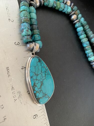 Navajo Pearls Spiderweb Beads Turquoise Necklace Pendant | Sterling Silver | Authentic Native American Handmade | 832