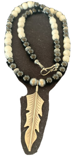 Navajo Feather Pendant | Black Onyx & Howlite | Sterling Silver Necklace | Authentic Native American Handmade | 01101