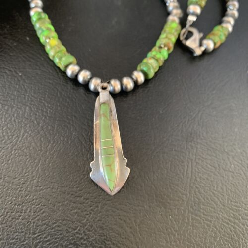 Navajo Green Gaspeite Turquoise Inlay Pendant | Sterling Silver | Authentic Native American Handmade | 13268