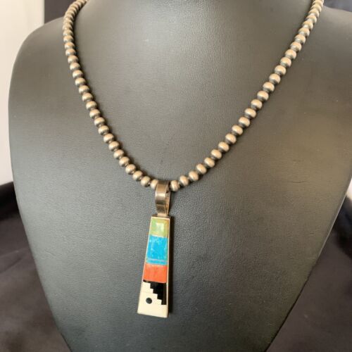 Navajo Old Pawn Mother of Pearl Turquoise Spiny Inlay Pendant Necklace | Sterling Silver | 10698