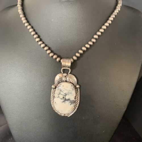 White Buffalo Turquoise Pendant Necklace | Sterling Silver | Navajo | Authentic Native American Handmade | 14052