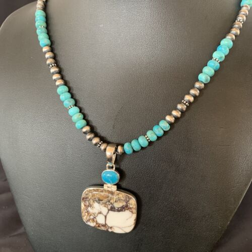 Navajo Pearl Blue Turquoise, Wild Horse & Multi-Stone Pendant Necklace | Authentic Native American Sterling Silver | 11862