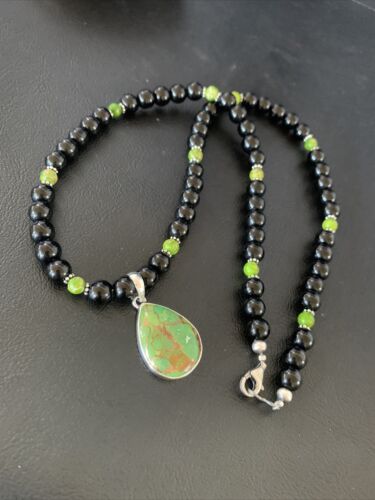 Navajo Pearls Onyx Mojave Turquoise Pendant Necklace | Sterling Silver | Authentic Native American Handmade | 13253