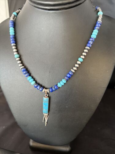 Navajo Blue Turquoise Lapis Necklace Inlay Pendant | Sterling Silver | Authentic Native American Handmade | 14637