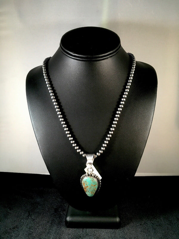 Navajo Turquoise #8 Pendant with Pearls | Sterling Silver Necklace | Authentic Native American Handmade | 8678
