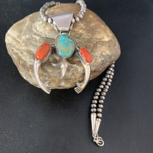 Navajo Pearl Necklace with Royston Turquoise & Coral Naja Pendant | Sterling Silver | 13644