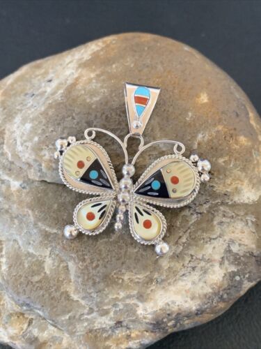 Zuni Blue Turquoise Coral Mother of Pearl Butterfly Inlay Pendant Necklace | Sterling Silver | 11969