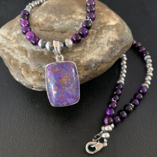 Navajo Pearl Purple Mojave Turquoise Onyx Pendant Necklace | Sterling Silver | Native American Handmade | 13402