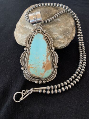Men's Navajo Pearls Necklace with Blue Royston Turquoise Pendant | Sterling Silver | Native American | 335