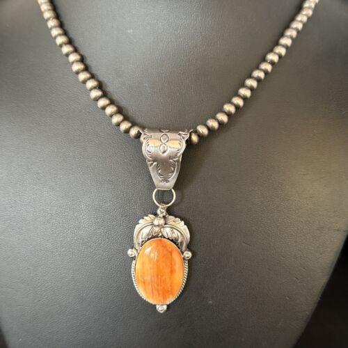 Navajo Orange Spiny Oyster Pendant Necklace | Sterling Silver | Authentic Native American Handmade | 14684