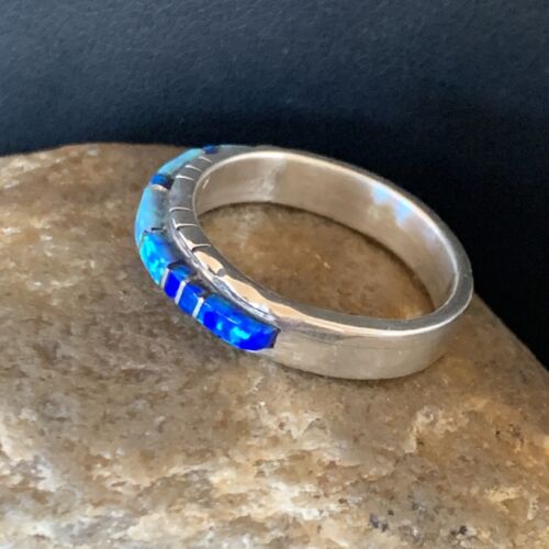 Navajo Blue Opal Inlay Ring | Sterling Silver | Sz 10.5 | Authentic Native American Handmade | Yazzie | 12963
