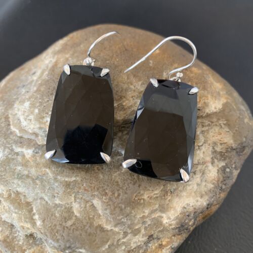 Navajo Black Faceted Quartz Dangle Earrings | Sterling Silver | 1" | Authentic Native American Handmade | 12087