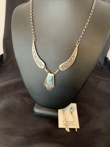 Native American Hopi Blue Kingman Turquoise Necklace & Earrings Set | Sterling Silver | 2101