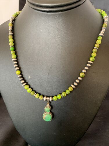 Navajo Green Gaspeite Turquoise Pendant | Sterling Silver | Authentic Native American Handmade | 12267