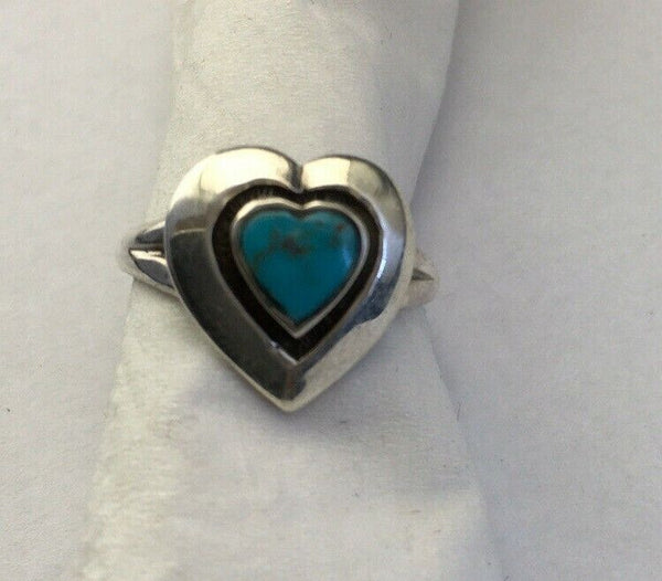 Navajo Heart Blue Turquoise Inlay Ring | Sterling Silver | Sz 5.5 | Authentic Native American Handmade | 01731