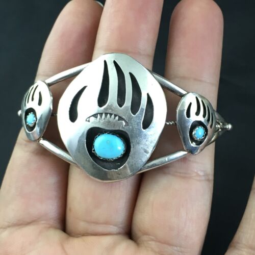 Navajo Turquoise Bear Paw Cuff Bracelet | Sterling Silver | Authentic Native American Handmade | 10242