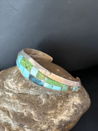 Native American Men's Blue Green Turquoise Inlay Bracelet | Sterling Silver | 14302