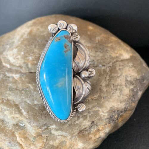 Navajo Blue Kingman Turquoise Ring | Sterling Silver Feather | Sz 9.5 | 10854