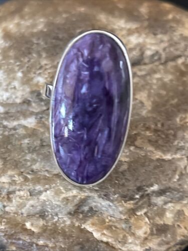 Navajo Purple Charoite Oval Ring | Sterling Silver | Sz 8 Adjustable | Authentic Native American Handmade | 10570