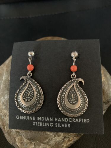 Old Pawn Southwestern Coral Dangle Earrings | Sterling Silver | 1" | 12995