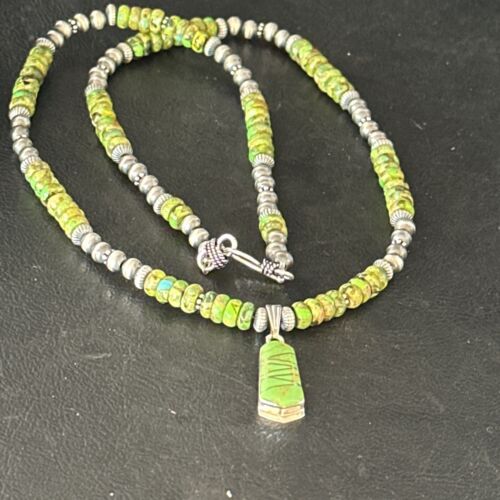 Navajo Green Turquoise Necklace Pendant | Sterling Silver | 22" | Authentic Native American Handmade | 14605