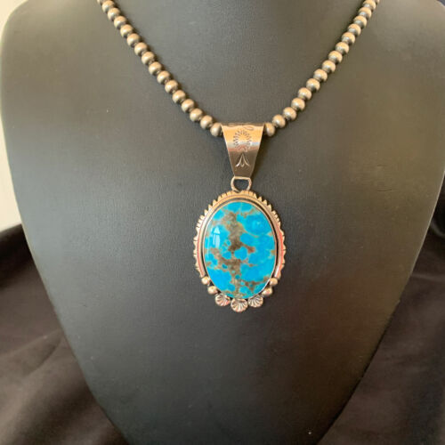 Navajo Pearls Blue Kingman Turquoise Necklace Pendant | Sterling Silver | Authentic Native American Handmade | 10765