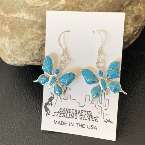 Navajo Blue Turquoise Inlay Butterfly Earrings | Sterling Silver | 0.5" | 12013