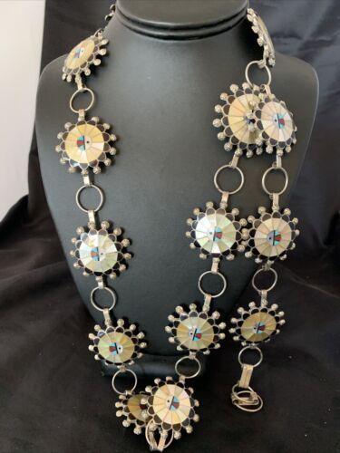 Zuni Old Pawn Sun Face Inlay Concho Belt | Sterling Silver | Native American Handmade | 40" | 12109