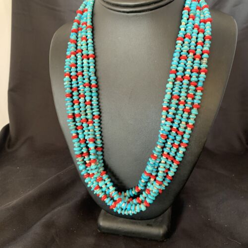 Southwestern Santo Domingo Coral Spiny Blue Turquoise Necklace | 5 Strand | 22" | 12049