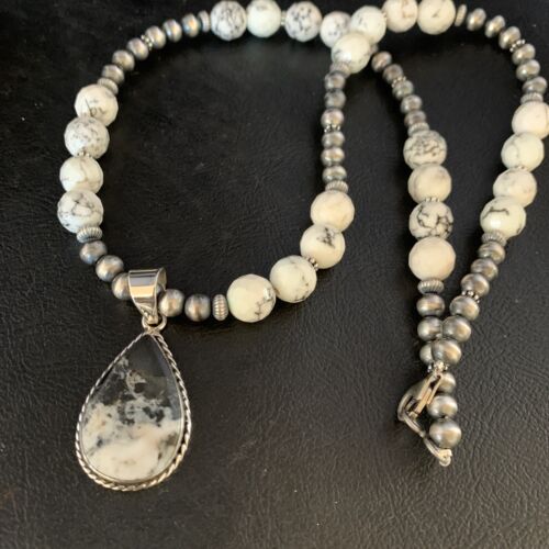 Men's Navajo White Buffalo Turquoise Pendant Necklace | Sterling Silver | Authentic Native American Handmade | 13833