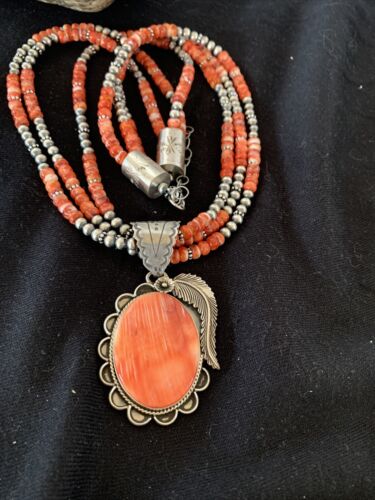 Navajo Red Spiny Oyster Pendant Necklace | 3 Strand Sterling Silver | Native American Handmade | 1327