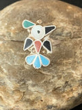 Zuni Peyote Bird Ring | Sterling Silver Coral Turquoise Onyx Mother of Pearl Inlay | Sz 5.5 | 10789