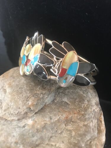 Zuni Sterling Inlay Hummingbird Bracelet | Multi Stone Turquoise | Old Pawn | 7.5" | 8299