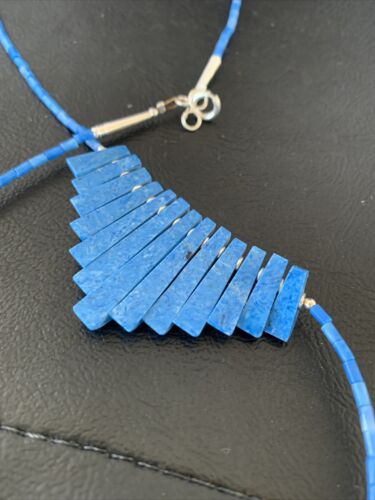 Navajo Denim Lapis Bead Necklace | Sterling Silver | Tube Heishi Fan Pendant | 20" | 10475