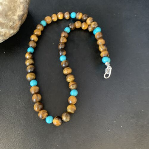 Navajo | Sterling Silver Necklace | Brown Tiger's Eye & Blue Turquoise | 20" | Authentic Native American Handmade | 13895