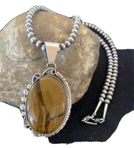 Men's Navajo Pearls Necklace | Sterling Silver | Coffee Tiger's Eye Pendant | Authentic Native American Handmade | 1541