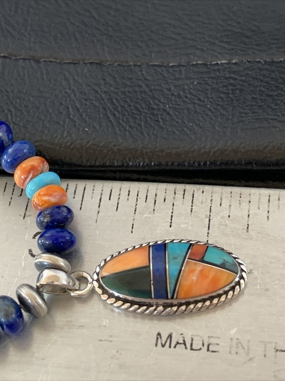 Navajo Native American Multi-Color Turquoise Spiny Inlay Pendant Necklace | Sterling Silver | 10660